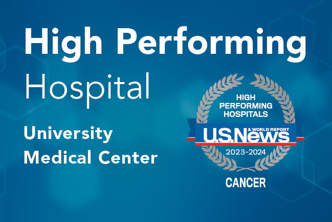 Graphic with geometric patterns in the background that reads High Performing Hosptial | University Medical Center | High Performing Hospitals U.S. News & World Report 2023 to 2024 | Cancer