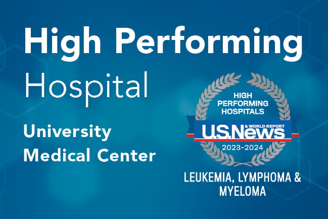 Graphic with geometric patterns in the background that reads High Performing Hosptial | University Medical Center | High Performing Hospitals U.S. News & World Report 2023 to 2024 | Leukemia, Lymphoma & Myeloma.