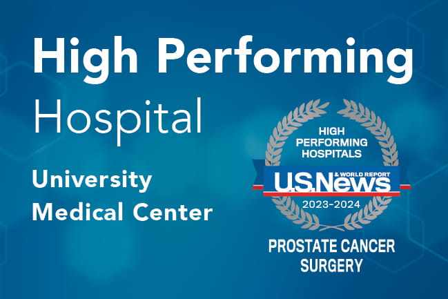 Graphic with geometric patterns in the background that reads High Performing Hosptial | University Medical Center | High Performing Hospitals U.S. News & World Report 2023 to 2024 | Prostate Cancer Surgery